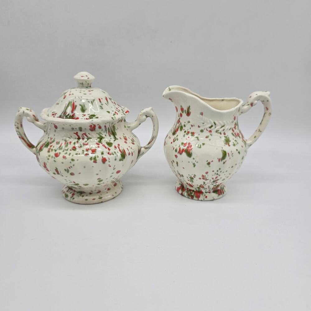 Vintage Splatter Drip Glaze Creamer and Covered Sugar Bowl Set Multicolor